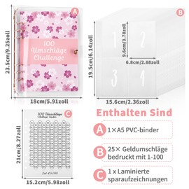 100 Envelope Saving Challenge Deutsc, A5 Budget Planner German, Challengers Savings Book for Money with Saving Challenges and 25 Inner Pages, Save 5,050 € in 100 Days for School, Home (Pink)