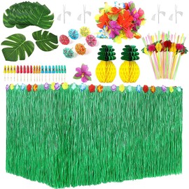 103 Piezas de Decoración Tropical Hawaiana para Fiestas Faldones de Mesa Falda de Mesa con Falda de Mesa Hawaiana Flores de Hibisco Hojas de Palma Piña de Papel Paraguas y Pajitas de Fruta 3D (verde)