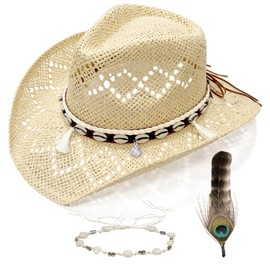 Closima Western Style Cowboy Hat with Two Decorative Accents, Straw Material Cowgirl Hat for Women (US, Alpha (Alpha), One Size, X-Large, Pure Shell)