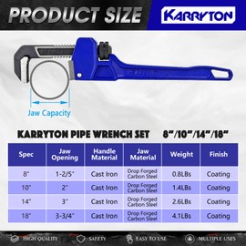 KARRYTON Pipe Wrench set,8" 10" 14" 18" Adjustable Jaw Opening Cast Iron Straight Handle Plumbing Wrench, Perfect Plumbers Tool for Oil Field, Plumbing, Auto Repair, Construction and Mechanics