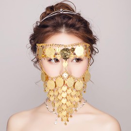 WOFASHPURET Metallic Veil Flapper Head Chain Gypsy Face Veil Face Chain Jewelry Veil Dancer Jewelry Set Belly Dance Face Chain Rhinestone