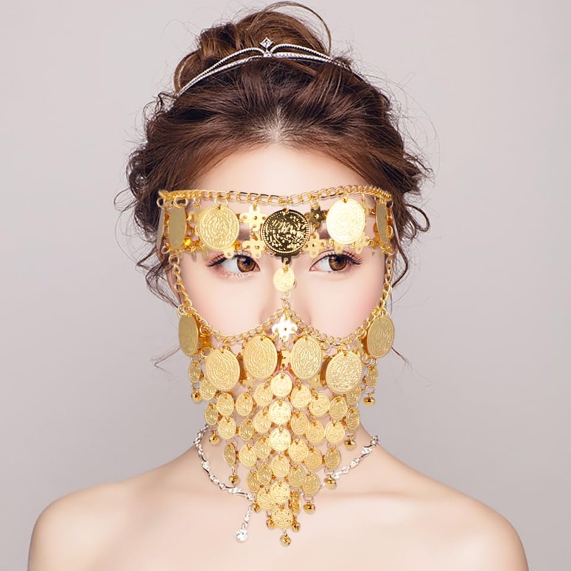 WOFASHPURET Metallic Veil Flapper Head Chain Gypsy Face Veil Face