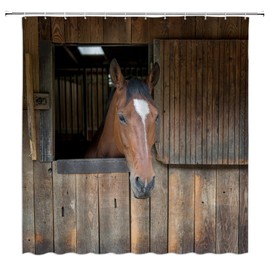 Farmhouse Horse Shower Curtain Rustic Animal Wooden Plank Western Country Barn Door Fabric for Bathroom Decor Bathtub with Hooks(70" WX70 H)