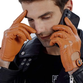 GSG 170806/210611 Leather Gloves, Men's Driving Gloves, Summer, Leather, Thin, Sheepskin Gloves, For Cars, Unlined, Driving Gloves, Perforated, For Driving, Cognac (compatible with smartphones)