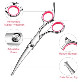 FAIGEO Dog Grooming Scissors with Safety Round Tips Stainless Steel Professional Dog Grooming Kit - Thinning, Curved Scissors and Comb for Cat Pet (Pink 4 in 1)