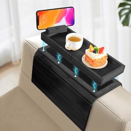 Bamboo Sofa Arm Tray – 2-in-1 Magnetic Detachable Couch Cup Holder & Armrest Table with Anti-Slip Pad, Convenient Tray for Drinks, Snacks & More,Black