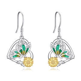 Sunflower Earrings Sterling Silver Butterfly Sunflower Heart Dangle Earrings Jewellery Gifts for Women Girls Sisters (Sunflower Earrings)