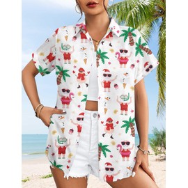 Christmas in July Shirt for Women Hawaiian Xmas Button Down Shirts Funny Santa Claus Tshirt Casual Holiday Tee Tops White