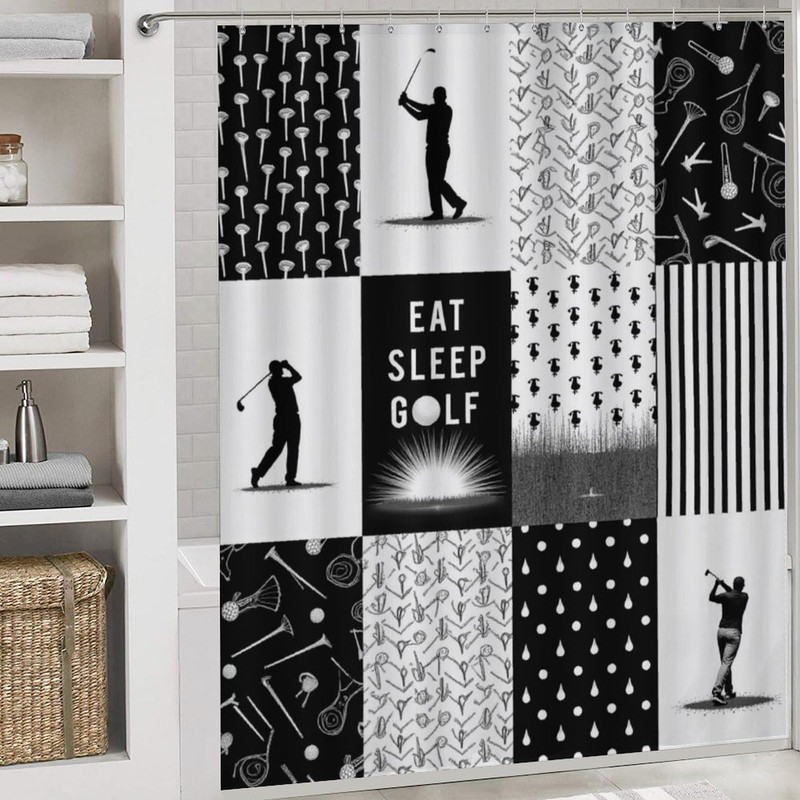 4PCS/Set Modern Golfer Golf Ball Patchwork Black Shower Curtain 72W