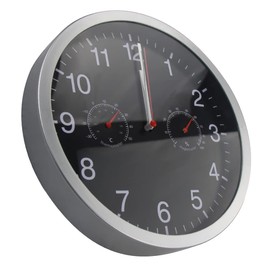 Wall Clock, Silent Movement with Temperature Display and Humidity, Modern, No Ticking Noise, Silent Stainless Steel Frame, Clock for Kitchen, Living Room, Bathroom, Bedroom (Silver + Black)