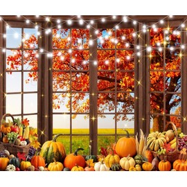 Pnylzzyxh Fall Backdrop Autumn Window Thanksgiving Day Backdrop Pumpkin Maple Tree Leaves String Lights Theme Party Decorations Banner Photography Background Studio Props 10x8ft