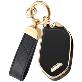 Montague Key Fob Cover for KIA with Leather Keychain, Premium TPU Key Case Shell for Kia Telluride, Sorento, K5 GT-Line Remote Smart Key Fob Protector (5 Buttons, Black-Gold)