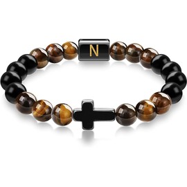 SOOWOOT Tigers Eye Bracelet Natural Stone Beads, mens bracelet, Cross Bracelet for Men, Initial Bracelet, Christian Gifts for Men(N)