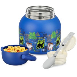 PIQUEBAR 17oz Thermo for Hot Food Kids Insulated Food Jar with Spoon,Thermo Hot Food Lunch Container, Width Mouth Stainless Steel Lunch Box for Kids (Blue Dinosaurs)