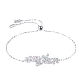 JewelryPalace Vintage Flowers Round Pink Cubic Zirconia Adjustable Link Bolo Bracelet for Women, 14k White Gold Plated 925 Sterling Silver Bracelet for Her, CZ Gemstone Jewelry Sets
