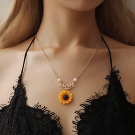Clataly Sunflower Necklace Earrings Bracelet Set Boho Resin Petal Pendant for Women Jewellery Accessories (Gold)