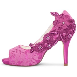 Emily Bridal 521-31-4 - Zapatos de boda para mujer, punta abierta, tacón de aguja de 3.94 pulgadas, tacón de aguja de encaje con diamantes de imitación, perlas y lentejuelas, zapatos de novia, Fushcia, 8 US