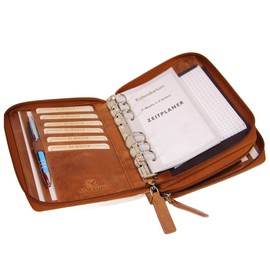 ALMADIH Leather A6 Combination Folder 2 Compartments with Zip Calendar 2025 Premium Cowhide Brown Deluxe in Gift Box Leather Folder Diary Diary Ring Binder Notepad (A6-K-BD)