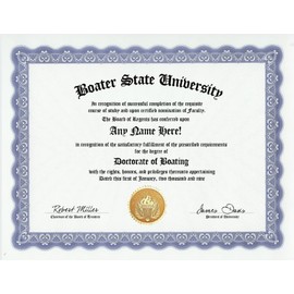 Boating Boater Degree: Custom Gag Diploma Doctorate Certificate (Funny Customized Joke Gift - Novelty Item)
