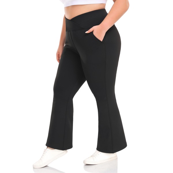 ZERDOCEAN Women's Plus Size Fleece Lined Flare Leggings Crossover High