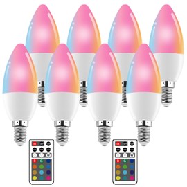XRise - foco LED E12 de 3 W que cambia de color (RGB + blanco) 12 colores, 6000 K, control remoto incluido (2 mando a distancia) lámpara decorativa de vela para decoración del hogar, paquete de 8
