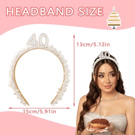 Vovii 40th Birthday Headband for Women, 40th Birthday Crown for 40th Birthday Outfit Dress for Women, Birthday Headband with Pearl for 40th Birthday Decorations, Happy 40th Birthday Decorations