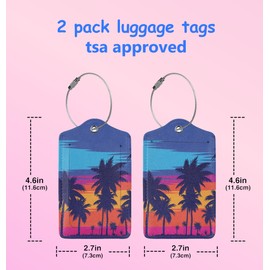 2P Sunset Beach Palm Trees Luggage Tags Privacy Cover ID Label with Stainless Steel Loop and Address Card for Travel Bag Suitcase Funny Cute Man Women Kids
