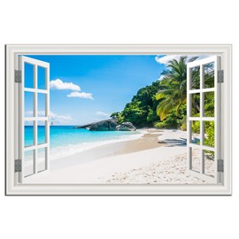 Beach Wall Art Pictures Decor for Living Room Fake White Window Frame Style Blue Ocean Canvas Wall Painting Theme for Bedroom Extra Large Tropical Palm Tree Art Pirnts Coastal Seascape Artwork for Home Office Basement Decorations32x48inch