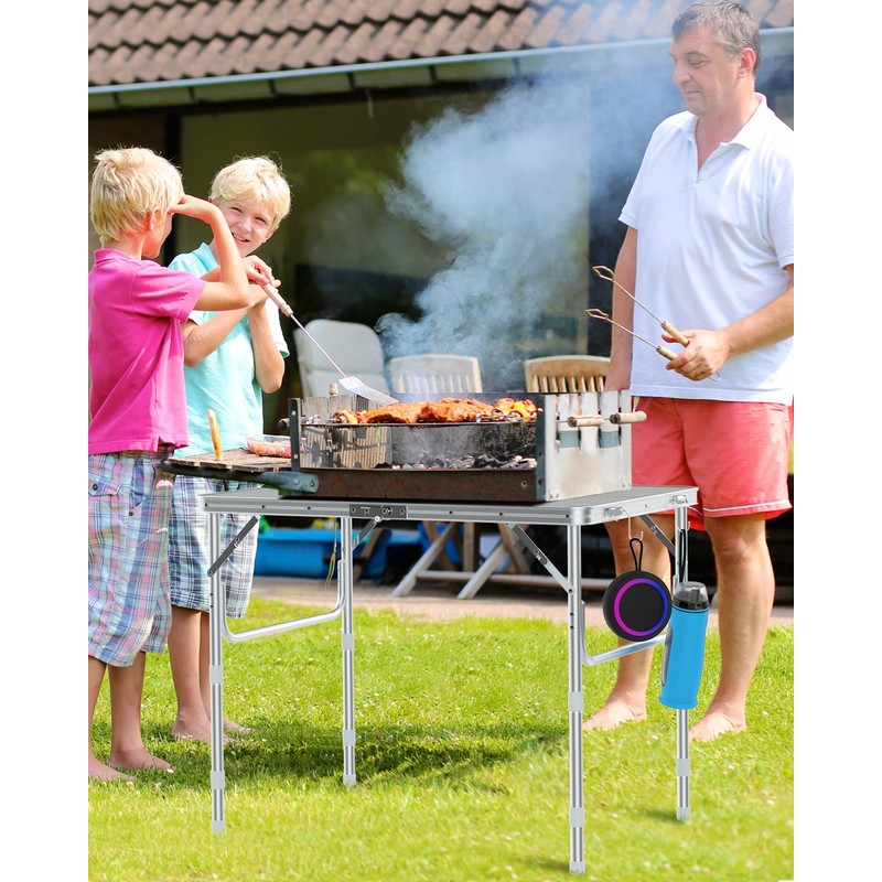 Sportneer Camping Table, Height Adjustable Folding Table with 2 Hooks,