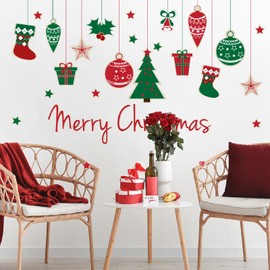 Merry Christmas Wall Decals Red Christmas Gift Xmas Tree Snowflake Wall Stickers Removable Peel and Stick Art Murals for Bedroom Nursery Classroom Kids Room Christmas Party Decoration (Christmas)