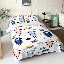 AILONEN Sheep Duvet Cover Set Full Size, Cute Sleeping Sheep Moon Clouds Print Bedding Set, Creative Good Night Kids Comforter Cover Set 3 Pieces, 1 Quilt Cover and 2 Pillowcases(No Comforter)