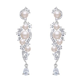 Clearine Women's Earrings Wedding Bridal CZ Crystal Simulated Pearl Cluster Chandelier Dangle Stud Earrings Ear Jewellery Clear Silver Tone, Alloy Steel Cubic Zirconia, Cubic Zirconia