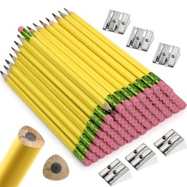 Fainne 102 Pcs Bulk Jumbo Thick Pencils and Sharpeners Set, Large Giant Big Fat Pencils with Erasers for Kids Beginners Preschoolers Kindergarten Primary School Office Supplies(Yellow,Triangle)