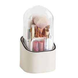 Cretkhp Makeup Brush Holder with Lid, PU Leather Makeup Brush Organizer for Vanity Bathroom Countertop, Dustproof Makeup Organizers (Cream)