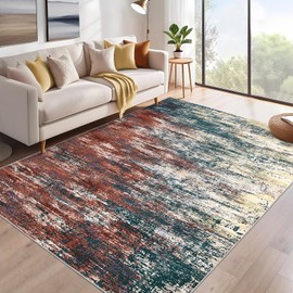 ROYHOME Washable Rug 5x7 Abstract Area Rug for Living Room, Non Slip Foldable Soft Rugs for Bedroom, Stain Resistant Rugs Modern Fuzzy Rug, Indoor Floor Carpet for Entryway Home, Red Multi