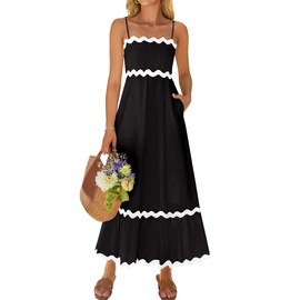 ZESICA Women's 2025 Summer Spaghetti Straps Sleeveless Backless Sundress Flowy Smocked Lace Swing A Line Midi Dress,Black,Medium