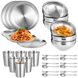 30 Pcs Stainless Steel Dinner Set, Includes 6 Plates, 6 Bowls, 6 Cups, 6 Forks, and 6 Spoons, Reusable Metal Dinnerware Set, Kitchen Tableware Set for Home, Outdoor, and Parties