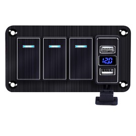 3 Gang Aluminum Rocker Switch Panel with 4.8 Amp Dual USB Charger Voltmeter Waterproof 12V 24V DC Rocker Switch with Night Glow Stickers for Cars Trucks Boats RVs