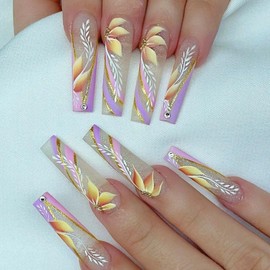 Lomxene Press on Nails Long Fake Nails Ballerina Glue on Nails Floral False Nails Glitter Acrylic Nails Striped Nail Press ons Gold Maple Leaf Artificial Nails for Women 24Pcs (Long Ballerina fall)