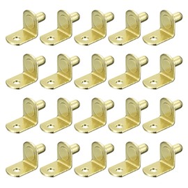 sourcing map Shelf Support Pegs, 25pcs 6mm(1/4") L-Shaped Support Bracket Pegs Shelf Pin with Hole for Furniture Cabinet Closet Shelves Supplies, Gold Tone