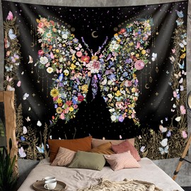 Damanse Butterfly Tapestry Wall Hanging Cute,Boho Wall Tapestry for Bedroom Aesthetic,Flower Living Room Decor for Teen Girls (Black, 49.20" x 59.10")