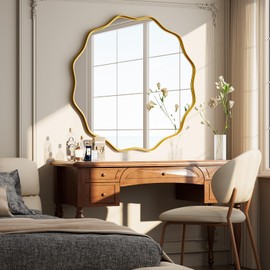 ZENOMIRRIS Round Wavy Mirror - 30 Inch Bathroom Vanity Mirror Metal Frame Circle Wall Mounted Mirror for Bedroom Living Room Entryway, Gold