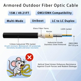 ERSTICKT 15m/49ft Outdoor Armored Fiber Patch Cable, LC to LC OM3/OM4 Multimode Duplex 50/125μm, 10Gb/40Gb/100Gb, Industrial TPU Jacket, Direct Burial, Uniboot, MMF, Fiber Optic Jumper Cord, OD 5mm