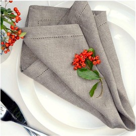 Linen & Cotton 4 x Hemstitch Florence Fabric Napkins 100% Linen - 43 x 43 cm (Beige)