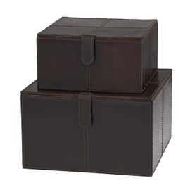 Deco 79 Leather Handmade Decorative Box Storage Decorative Keepsake Boxes with Snap Front Closure and Detailed Stitching, Set of 2 Storage Boxes 10", 8"W, Dark Brown