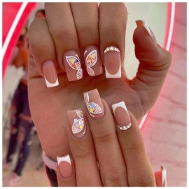 Short Press on Nails Fake Nails, False Nails with Sparkling Colorful Butterfly&Rhinestones Designs White French Tip Glue on Nails Short Acrylic Artificial Nails Stick on Nails For Women 24Pcs