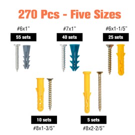 RAINFLOW Drywall Anchors and Screws Kit - 270 Pcs Screw and Anchor Set for Picture Painting Mirror Hanging 135 Plastic Drywall Anchors and 135 Metal Wall Screws for Dry Concrete Brick Wall (5 Sizes)