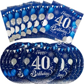 40PCS 40th Birthday Party Set, including Navy Blue 7-inch Dessert Plate and 40th Birthday Napkins, suitable for 20 guests attending birthday parties, decorated with blue and silver themes