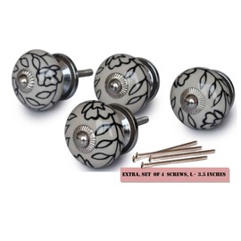 Set of 4 Han Painted Ceramic Round Knobs Floral Leaf Design Dresser Drawer Pulls Furniture Wardrobe Kitchen Handles for Home, Office Décor (AB-KNOB-14)