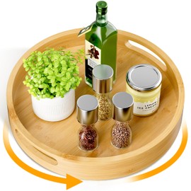Lazy Susan Organizer Homerays 13 Inch Non-Skid Bamboo Lazy Susan for Kitchen Rotating Spice Rack with Handles, Wood Turntable for Kitchen Cabinet,Countertop (Bamboo, Large)